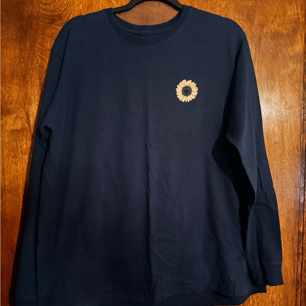 Simply Southern Dark Blue Long Sleeve with Sunflower Accent (Holding)